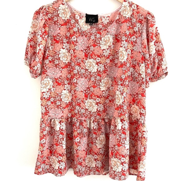 Anthropologie Red Floral peplum style Blouse by W5 sz Medium 6 8 - Picture 1 of 4